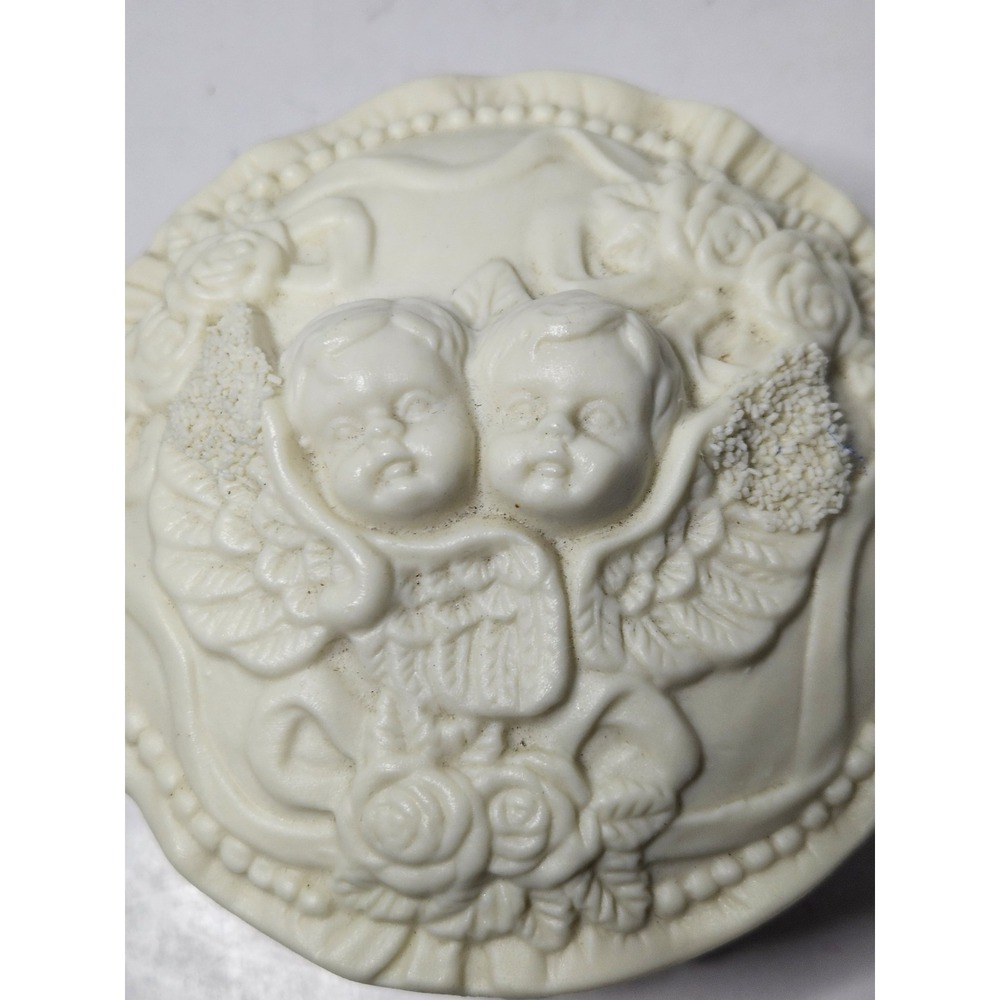 White Bisque Porcelain Cherub Angel Trinket Box Ornate Cottagecore Vintage
